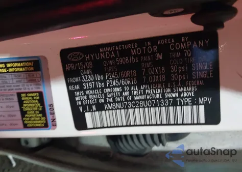 2008 Hyundai Veracruz Gls/Limited/Se z USA, uszkodzony, nr VIN KM8NU73C28U071337